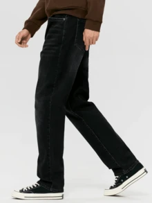 CAMEL CROWN Celana Jeans Denim Pria Model Lurus dengan Tampilan Vintage, Celana Panjang Luar Ruangan yang Modis, Nyaman, dan Terasa Seperti Katun - Hitam - View 3