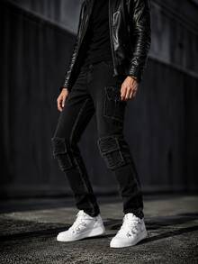 Ins Motorcycle Blogger Style Distressed Black Ripped Raw Hem Cargo Jeans With Multiple 3D Pockets Deconstructed Design Slim Fit Flattering Riding Denim Pants For Men - Black - View 4