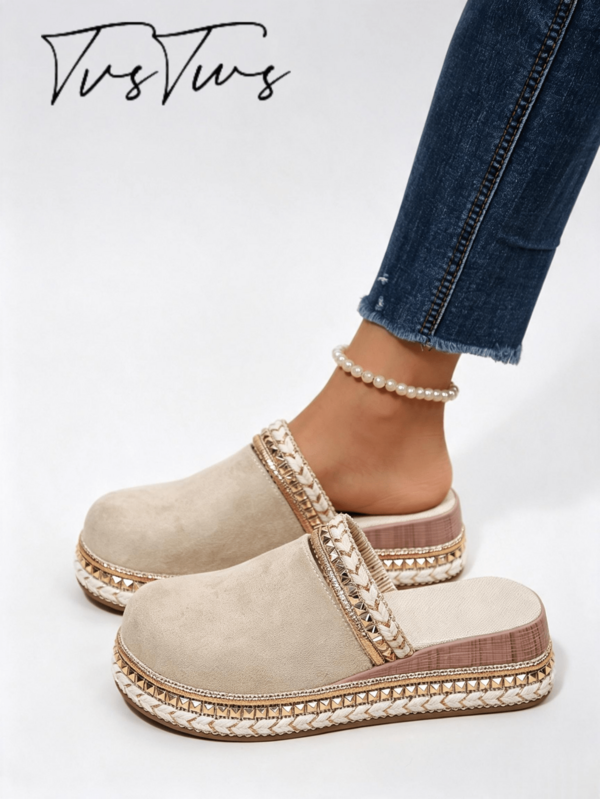 Zapatos de mujer estilo bohemio metálico con punta cerrada y media suela, con decoración de cuerda tejida y strass, suela gruesa, tipo mule holgado para exterior