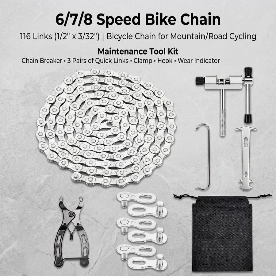 6/7/8 Speed Bicycle Chain 116 Links – Bicycle Chain With Chain Breaker, 3 Quick Links, Clamp, Hook, Wear Indicator, Mountain Bike And Road Bike Maintenance Kit - Multicolor - View 1