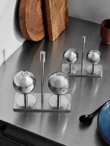 3pcs/1set Stainless Steel Salt And Pepper Shaker Set With Base, Refillable Spherical Seasoning Containers For Kitchen, Dining Table, Restaurant, Back To School, Saudi National Day, Christmas, Halloween, Wedding And Party - Multicolor - View 2