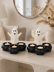 1pc Halloween One‑Piece Ghost Tealight Candle Holder With 3 Integrated Witch Cauldrons, All‑In‑One Ghost Figurine Tea Light Holder, Spooky Tabletop Mantel Centerpiece, Home Party Holiday Decor Ornament, Candles Not Included - Ghost Candlestick - View 4
