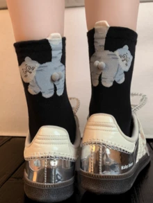 3 Pairs Random Cute Cat, Egg And Bell Pattern Fun Socks, Suitable For Autumn/Winter, Christmas, Back To School, Perfect As Gifts, Unisex Mid-Calf Socks - Multicolor - View 10