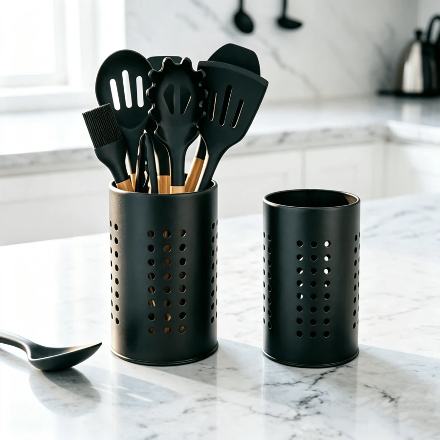 2-Piece Round Stainless Steel Cutlery Rack, Black Countertop Storage Holder, Versatile Kitchen Utensil Basket For Spoons, Chopsticks, And Spatulas - Black - View 1