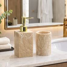 Bathroom Accessories Set: Includes Soap Dispenser, Vanity Tray, Toothbrush Holder, Cotton Swab Holder, Soap Dish And Storage Items; Suitable For Bathroom Countertop And Decoration - Apricot - View 3