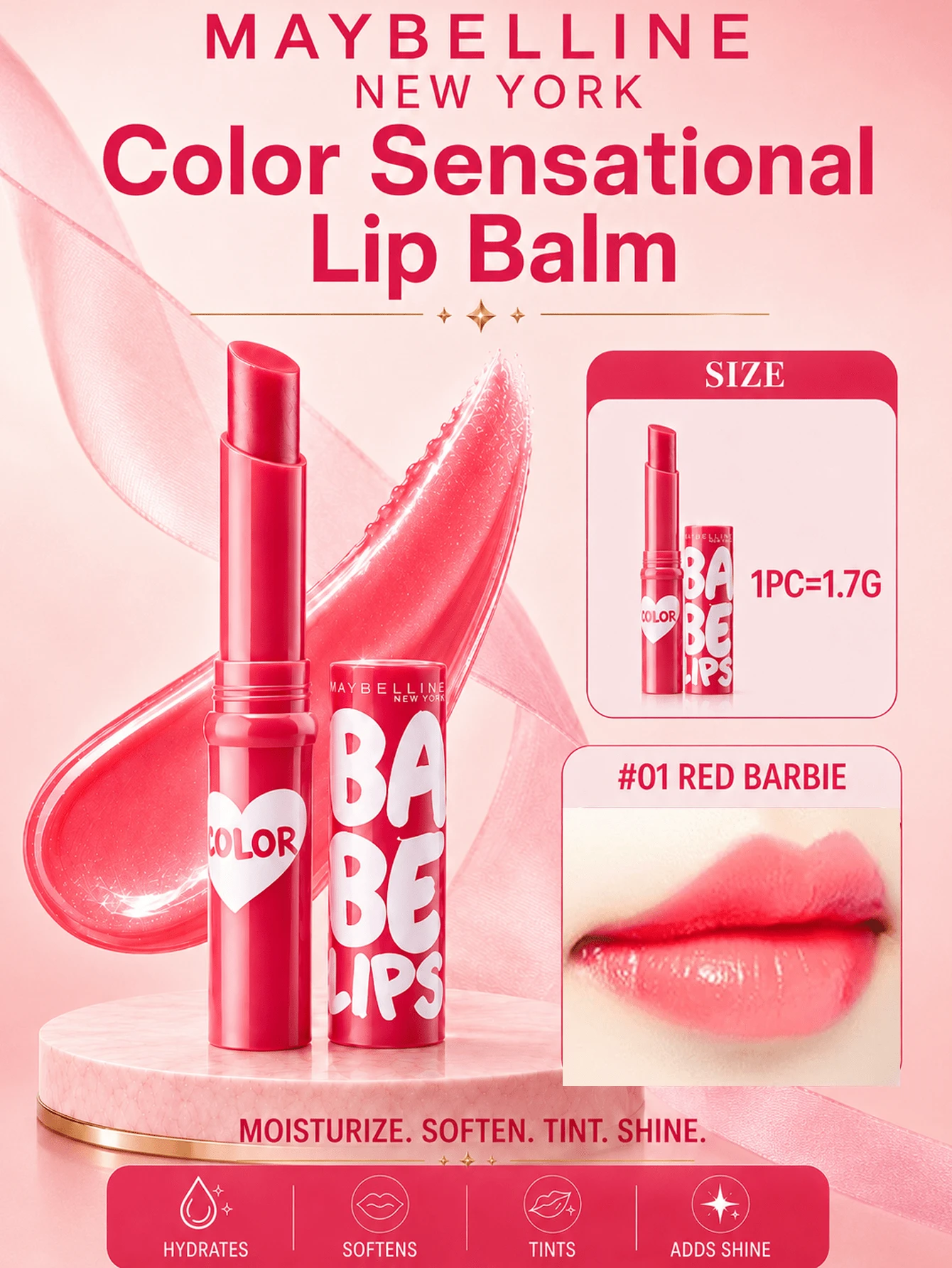 Maybelline Babylove Shine Lip Balm, 1,7g per buah, shade #01 Red Barbie. Tahan lama, berkilau, dan melembapkan; warna cerah dalam sekali oles; cocok untuk penggunaan sehari-hari dan semua warna kulit.