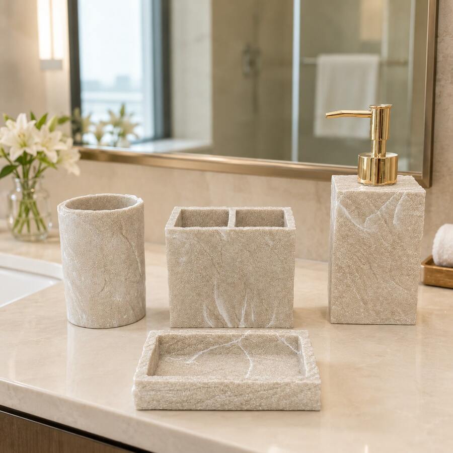 Bathroom Accessories Set, Bathroom Accessories Set, Toothbrush Holder, Soap Dispenser, Mouthwash Cup, Soap Dish, Modern Bathroom Countertop Kitchen Sink Storage Organizer - Apricot - View 1
