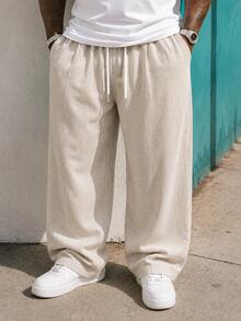 Men Plus Size Autumn Long Sleeve Wide Leg Pants, Solid Color Drawstring Design Casual - Beige - View 5