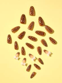 24片棕色白色波點蝴蝶結裝飾假指甲 短款橢圓形穿戴甲美甲套組 含1片黏貼片與1個指甲锉 適合日常配戴 - 彩色 - 查看 3