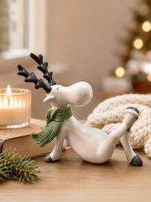 Fun Christmas Reindeer Sculpture, Cute Humorous Deer Statue With Green Scarf, Modern Christmas Tabletop Decor, Suitable For Mantel, Shelf, Living Room, Office, Winter Holiday Decoration, Christmas Gift - Selected Items - View 3