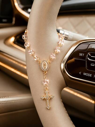 1pc Crystal Virgin Mary Rhinestone Cross Pendant, Elegant Women's Car Interior Decor Hanging Ornament, Universal Decoration For Car Steering Wheel, Rearview Mirror And Handbag, Exquisite Religious Style Gift For Family And Friends