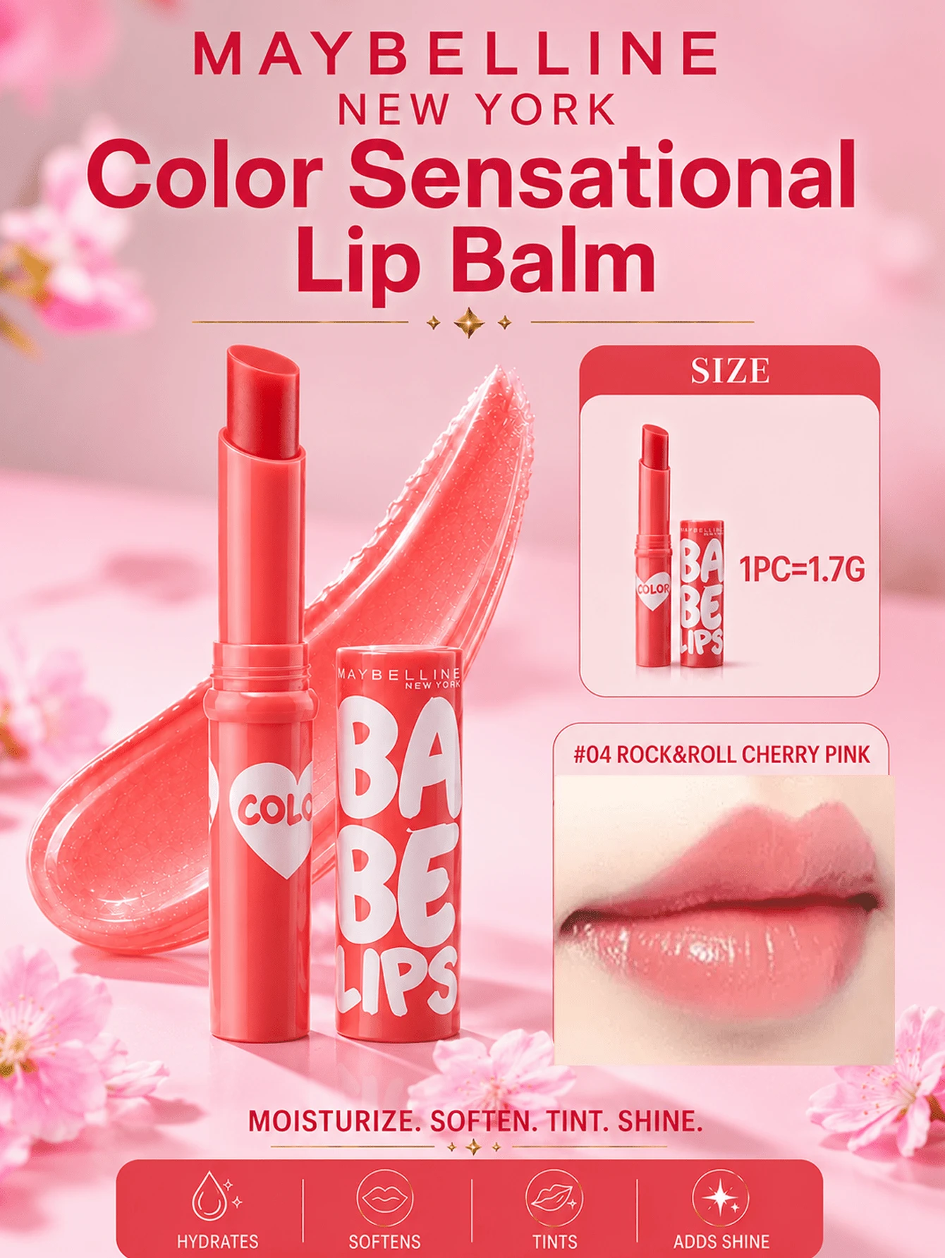 Maybelline 美寶蓮寶蓓愛炫彩護唇膏，一支1.7g，色號#04 Rock&Roll Cherry Pink，持久亮澤保濕，一筆顯色，日常使用，適合所有膚色