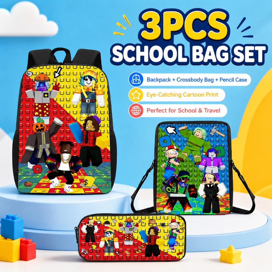 Roblox New 3PCS Anime Combination Backpack Set Includes Backpack, Crossbody Bag, Pencil Case, Adjustable Shoulder Straps, Zipper Design, Unisex, Suitable For School, Travel, Camping, Perfect Gift For Christmas, Birthday, Back To School Season