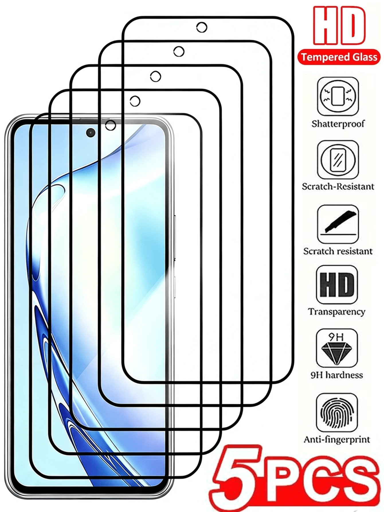 5pcs Black Edge Anti-Shatter Glass Screen Protector, Compatible With VIVO, High Definition Clarity, High Hardness Protection, Anti-Scratch, Anti-Fingerprint, Anti-Breakage Full Coverage Phone Screen Protector - Clear - View 1
