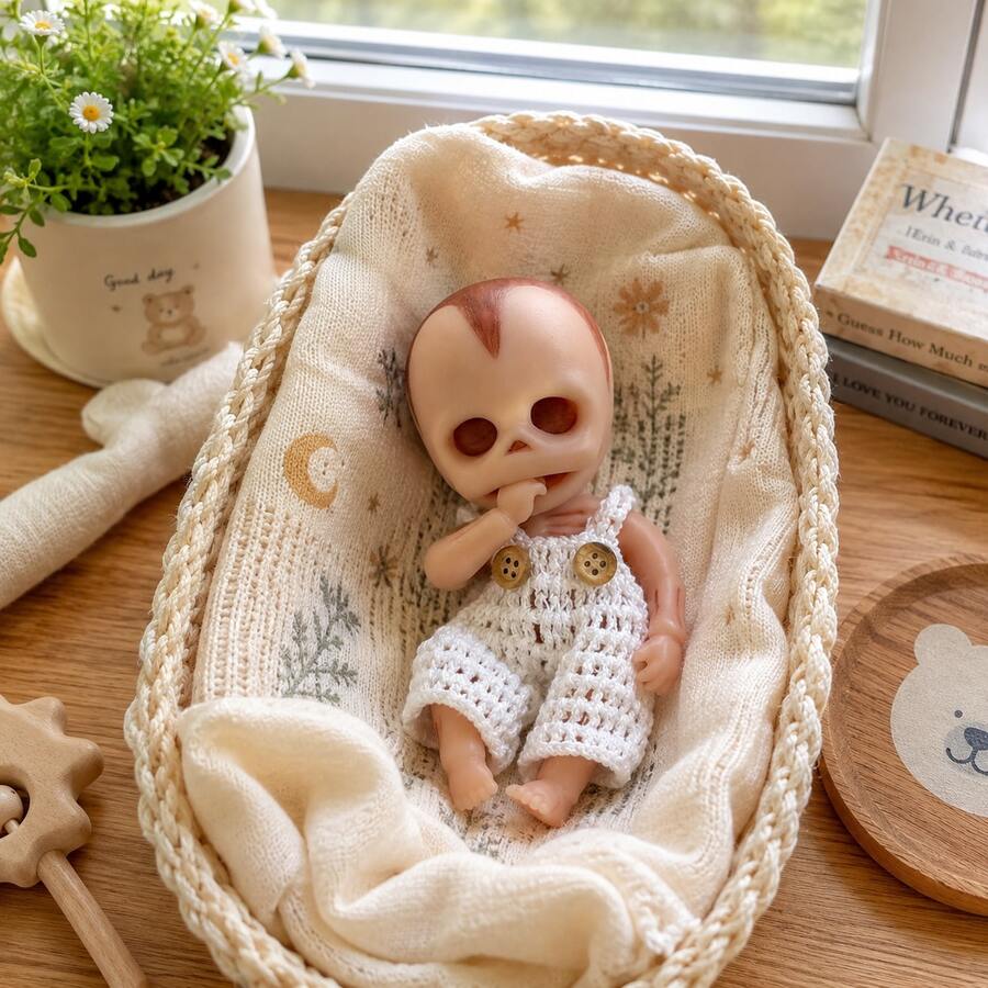 6 Inch Mini Full Solid Silicone Reborn Doll Soft & Elastic Touch Cute Skull‑Shaped Realistic Art Doll Handmade Collectible Figure Birthday Gift For Home Decor & Ornament