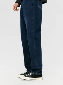 CAMEL CROWN Celana Jeans Pria Model Lurus dengan Tampilan Vintage, Celana Panjang Luar Ruangan yang Modis, Nyaman, dan Terasa Seperti Katun. - Biru - View 3