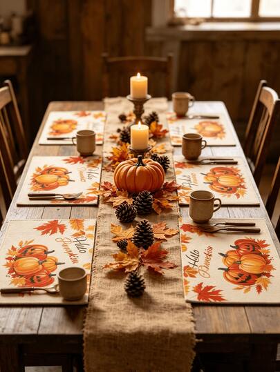 1-12pcs Maple Leaf Pumpkin Felt Placemats, Vintage Style Rectangular Washable Heat-Resistant Table Mats, Suitable For Restaurant Holiday Decor And Autumn Tabletop Decoration