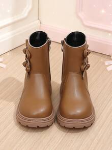 1 Pair Girls' Brown Bow Ankle Boots, Soft PU Round Toe Soft Sole Anti-Slip Inner Zipper Design, Fashionable Cute Princess Style Mid-Calf Boots, Suitable For Daily School, Holiday, Autumn/Winter New - Brown - View 3