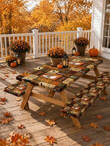 1/3pcs-Stretch Fitted Halloween Picnic Table & Bench Cover Set, Vintage Plaid Patchwork Tablecloth With Ghost Pumpkin Bat Skeleton Print, Spooky Trick Or Treat Decor, Rectangular Elastic Table Cover For Backyard, Outdoor Halloween Party Decor - Multicolor - View 12