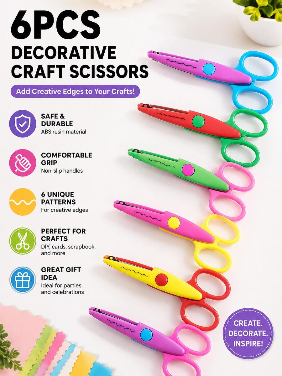 6pcs Colorful Decorative Scissors Set Made Of ABS Resin With Non-Slip Handle, Suitable For Paper Cutting, Scrapbooking, Card Making, DIY Art Design And Party Favors