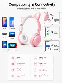 Foldable Wireless Cat Ear Headphones, Color Changing Cat Ear Wireless Headphones With Microphone, Touch Control, Super Long Battery Life, Suitable For Children/Gifts - 彩色 - 查看 9