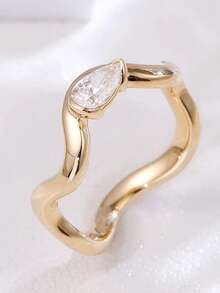 1pc Classic 14K Gold Plated Wave Twisted Arm Water Drop Pear Shaped Couple Ring, Geometric Banquet Decor Proposal Gift Jewelry - Yellow - View 4