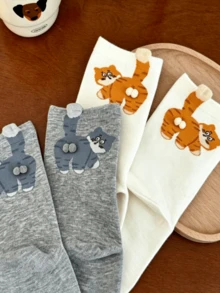 3 Pairs Random Cute Cat, Egg And Bell Pattern Fun Socks, Suitable For Autumn/Winter, Christmas, Back To School, Perfect As Gifts, Unisex Mid-Calf Socks - Multicolor - View 6