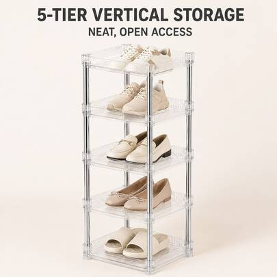 5-Tier Clear Tool Tray Organizer, Multipurpose Vertical Shoe Rack & Utility Storage Shelf With Transparent Ribbed Trays And Slim Metal Posts, Space-Saving Organizer For Tools, Hardware, Garage, Workshop, Entryway & Closet, 10.8 * 10.8 * 28.9 In