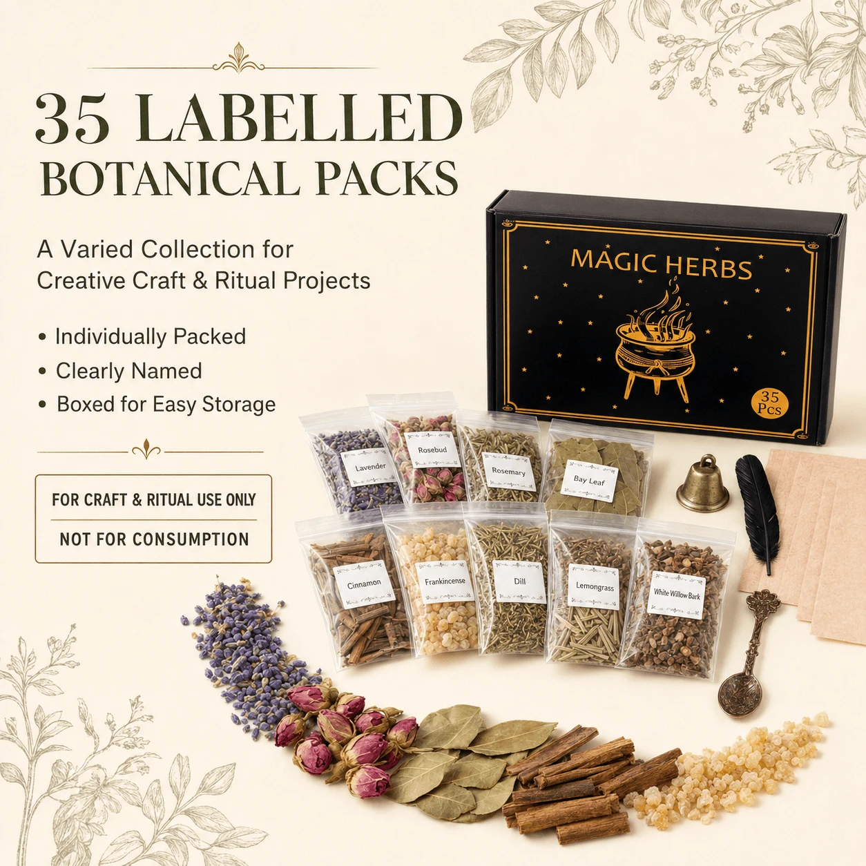 35 Labelled Dried Botanical Packs With Feather, Bell, Decorative Spoon And Parchment Sheets, Witchcraft Craft & Ritual Altar Supplies, Boxed Set For Adults - 35pcs - View 1