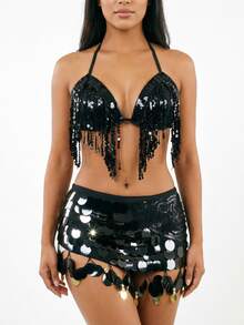 Sequin Fringe Halter Triangle Dance Top Pailette Sequin Embroidered Mesh Coin Charm Mini Hip Skirt Belly Dance Stage Rave Party Outfit - Multicolor - View 4