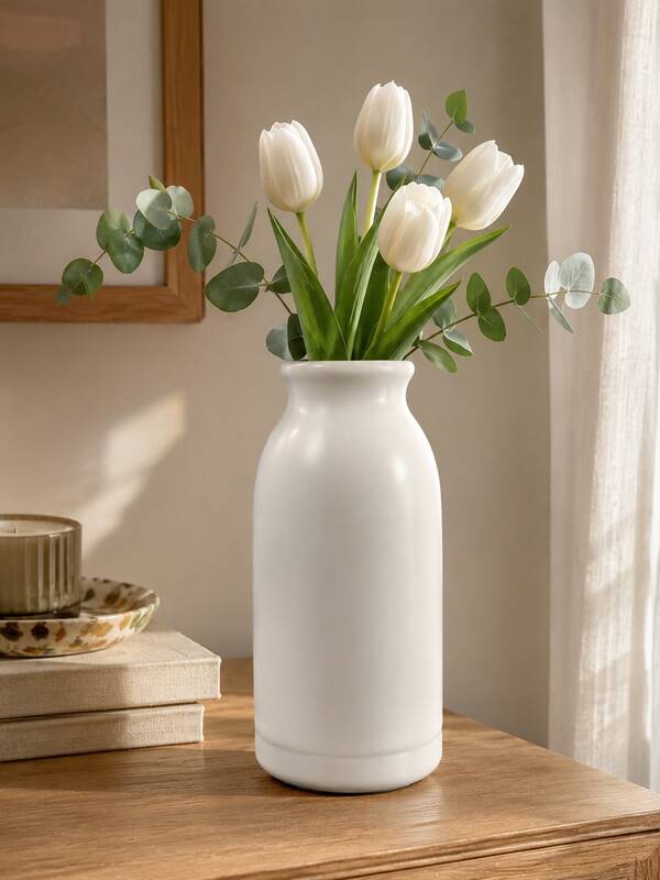 1pc Minimalist White Flower Vase For Pampas Grass, Tulips, Dried Flowers & Greenery, Nordic Decorative Vase For Living Room, Bedroom, Bookshelf, Entryway, Mantel & Table Centerpiece Home Decor