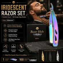 Men Barber Grade Hollow Out Foldable Shavette Razor Grooming Kit, Multicolor Stainless Steel Straight Shaving Razor, Foldable Portable Design For Precise Beard & Neckline Edging, Value Pack Contains 100 Single Edge Blades, 4 Stylish Color Choices For - Multi-color - View 12