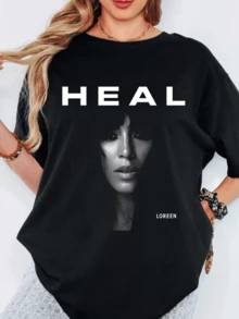 Loreen HEAL Black White Portrait Graphic T Shirt Pop Music Short Sleeve Tee - 黑色 - 查看 1
