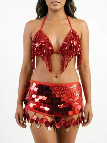 Sequin Fringe Halter Triangle Dance Top Pailette Sequin Embroidered Mesh Coin Charm Mini Hip Skirt Belly Dance Stage Rave Party Outfit - Multicolor - View 3