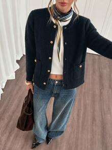 Atasan Sweater Lengan Panjang Kancing Warna Polos Elegan untuk Wanita, Model Terbaru Musim Gugur/Dingin - Royal Blue - View 4