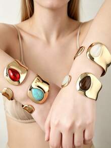 1pc European & American Punk Style Gold Polished Asymmetric Water Drop Open Wide Cuff Bracelet, Women's Luxury Niche High-End Elegant Bangle - Teardrop Bracelet - View 2