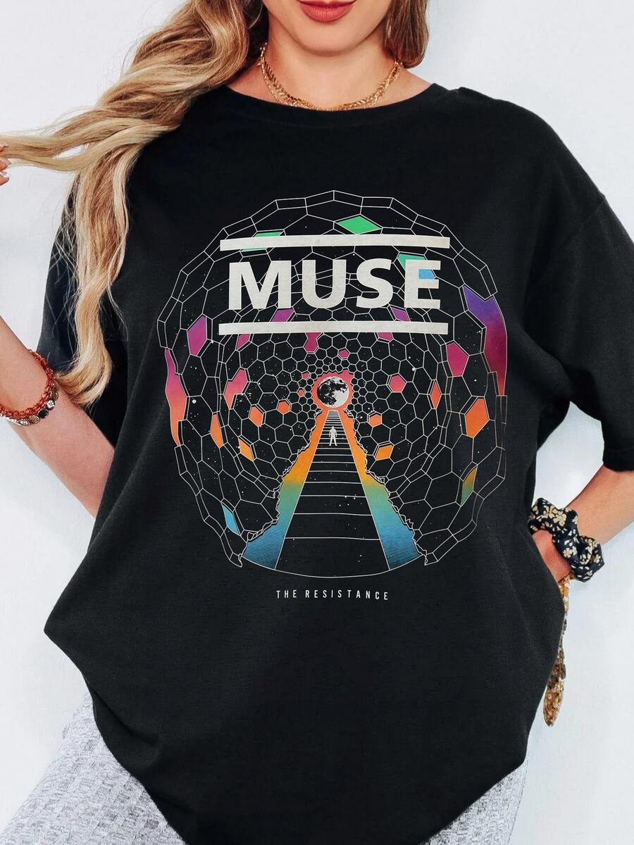 MUSE The Resistance Album Art T Shirt, Cosmic Space Rock Graphic Short Sleeve Music Tee - 黑色 - 查看 1
