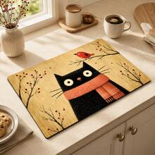 Autumn Cat Print Pattern Drainage Mat/Absorbent Mat/Drying Mat Coffee Machine Tableware Drying Mat - Absorbent Polyester Desktop Protector Mat With Rubber Non-Slip Backing, For Kitchen Countertop Decoration - Home Bar And Dining Table Placemat - Multicolor - View 1