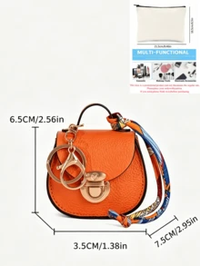 Mini Saddle Keychain Bag, Faux Leather Small Coin Purse With Random Color Scarf Decoration, Gold Lock Hardware, Small Storage Bag, Cute Handbag Charm, Suitable For Daily, Dating, Party Gifts, Multi-Color Mini Shoulder Bag Accessory - Multicolor - View 12