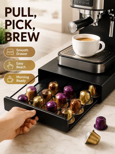 Modern Coffee Capsule Storage Drawer, Space Saving Coffee Pod Organizer With Pull-Out Design, Large Capacity Capsule Holder For Coffee Machine Countertop, Kitchen Coffee Station Organizer, Home Office Coffee Bar Accessories