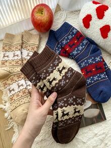1/3/5/10 Pairs Comfortable Reindeer Print Mid-Calf Socks - Warm Thick Christmas Socks, Women's Style, Festive Animal Pattern, Available In Red, Beige, Brown And Navy Blue, Perfect For Holiday Celebrations - Multicolor - View 6