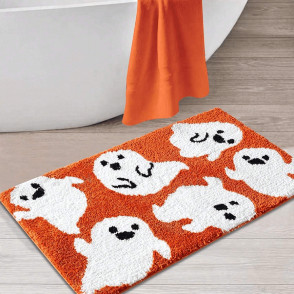Cute Orange Ghost Bath Mat Non-Slip Machine Washable Halloween Gift All Saints' Day Decor All Saints' Day Gift Ghost Fun Halloween Bathroom Rug Bathroom Decoration, Area Decor Rug, Halloween Home Decor, Bathroom Small Rug - Perfect For Home Entryway Or Bedroom Decor, Bathroom Decor And Accessories, Halloween Party