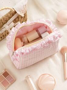Cosmetic Bag, Cute Storage Bag, Plaid Ruffle Cosmetic Bag, Plaid Cosmetic Storage Bag, Portable Zipper Beauty Storage Bag, Essential For Women And Girls Travel, Holiday, School, Christmas Gift, Best Gift For Women - Multicolor - View 7