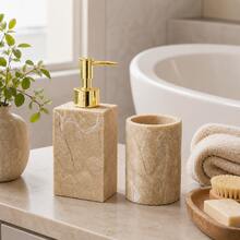 Bathroom Accessories Set: Includes Soap Dispenser, Vanity Tray, Toothbrush Holder, Cotton Swab Holder, Soap Dish And Storage Items; Suitable For Bathroom Countertop And Decoration - Apricot - View 9