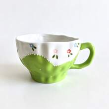 350ml Aesthetic Green Floral Ceramic Mug With Saucer, Wavy Edge Hand Painted Flower Coffee Tea Cup, Lovely Home Tableware Decor - Green - View 7