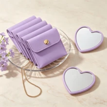 Heart-Shaped Makeup Mirror And Cosmetic Bag Set, Purple Makeup Mirror With Exquisite Matching Cosmetic Bag, Portable Makeup Mirror Set, Suitable For Women, Party Gift, Women Birthday, Holiday Gift - Multi-color - View 6