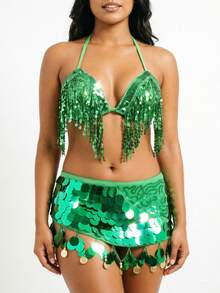 Sequin Fringe Halter Triangle Dance Top Pailette Sequin Embroidered Mesh Coin Charm Mini Hip Skirt Belly Dance Stage Rave Party Outfit - Multicolor - View 17