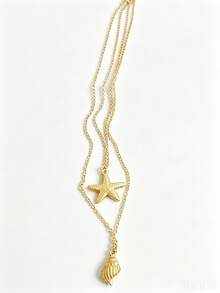 QTHOPE Personalized Minimalist Multi-Layer Conch Shell & Starfish Pendant Necklace, Women's Beach Accessory - Yellow Gold - View 4