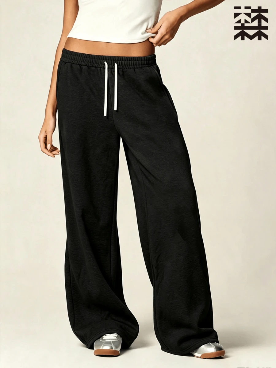 mulinsen Women's Wide Leg Sports Pants, Solid Color Drawstring Waist Straight Leg Sweatpants With Pockets, Suitable For Fitness Training, Running - Black - View 1