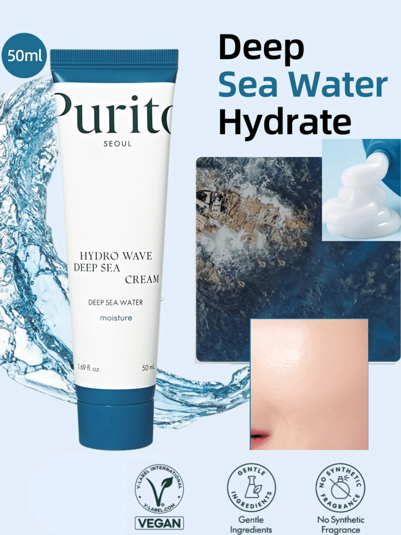 Purito 50ml/1.69 Fl Oz 深海保濕面霜,深層補水、控油保濕,輕盈質地,適合所有膚質與敏感肌,日常臉部保濕霜,純素,韓系化妝品 - 50ml - 查看 1